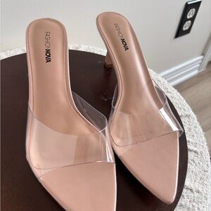 Fashion Nova Nude Pointed Mule Heels with Clear Strap